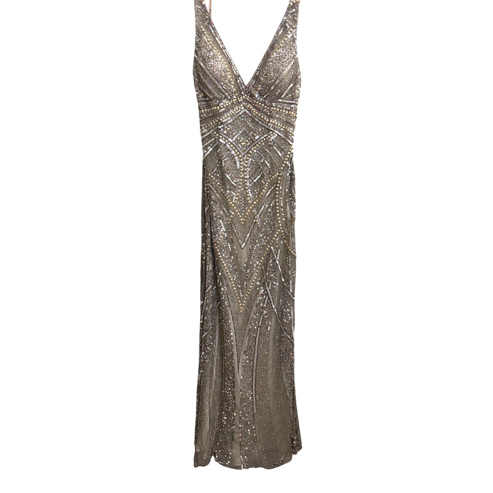 Scala Beaded Sequin Evening Gown Gold Formal Dress V-Neck Art Deco Maxi Size 10‎